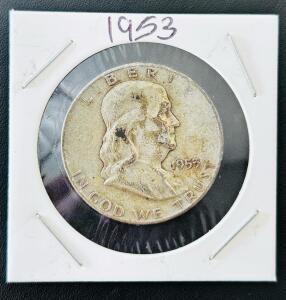 1953 Franklin Half Dollar 90% Silver Coin&mdash;U.S. Liberty Bell Design, Well Circulated