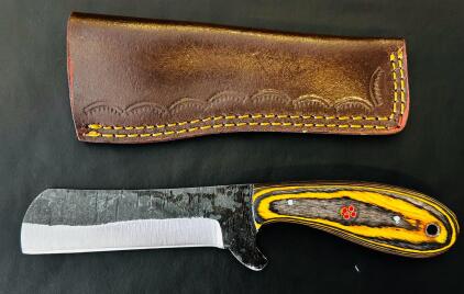 Hand-Forged 6" Cleaver With Laminated Yellow Wood Handle, Leather Sheath, Full Tang