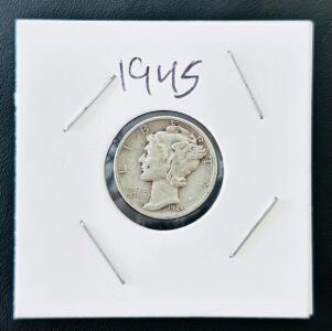 1945 D Mercury Dime, 90% Silver, Denver Mint, Circulated, Winged Liberty Head Design
