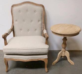 French Provincial Armchair with Linen Upholstery And Matching Round Oak Side Table Set
