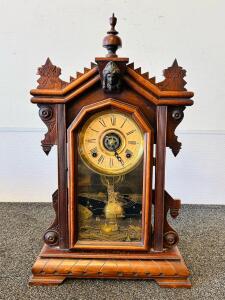 Antique Mechanical Mantel Clock, Statue Of Liberty Glass, Ansonia/Ingraham Style, Pendulum Key