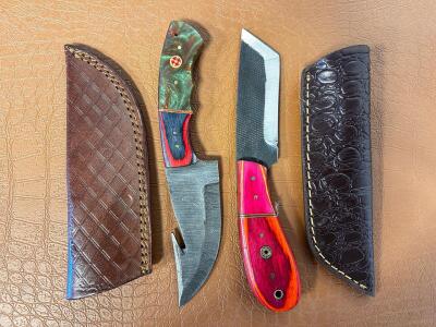 Custom Handmade Fixed Blade Hunting Knife Set &ndash; Damascus Gut Hook & Tanto Blade, Mosaic Handles, Sheaths