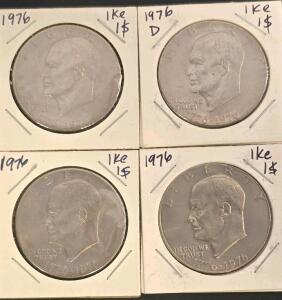 (4) 1976 Eisenhower Dollar Bicentennial &ndash; $1 Coins, D & Philadelphia Mints, Copper-Nickel Clad