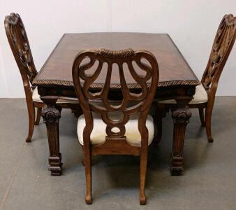Baroque Revival Carved Dining Set - Table And 3 Chairs, Dark Wood, Ornate Detailing, Circa 1930-50
