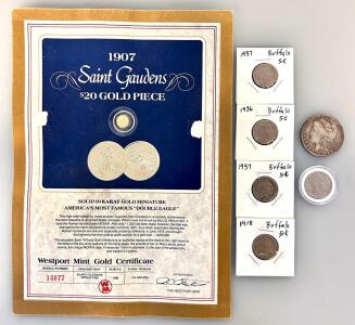 1907 Saint Gaudens 10K Gold Miniature, 1896 Morgan Dollar, 4 Buffalo Nickels, 2020 Quarter Set