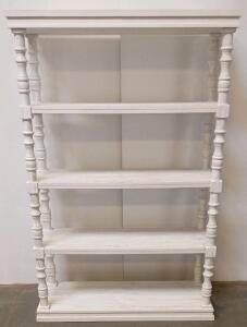 Whitewashed Wood Bookcase, 5 Shelves, Turned Spindle Legs, 74" Tall, Farmhouse Style