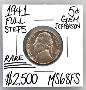 1941 Jefferson Nickel 5&cent; MS68FS GEM Full Steps, Philadelphia, Rare High Grade