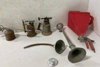 (2) Vintage Torches, (1) Spray Gun, Funnel Big Ol Horn, A Texture Gun & BMW Cap