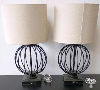Pair Modern Black Metal Cage Table Lamps With Cream Shades And Built-In USB Charging Ports