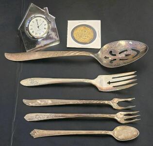 Oneida Ltd. Silver-Plated Flatware Set With Desk Clock And Commemorative Novelty Pirate Coin