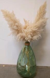 Large Hand-Blown Green Glass Demijohn Vase With Natural Pampas Grass And Rope Accent, 42&rdquo; Tall