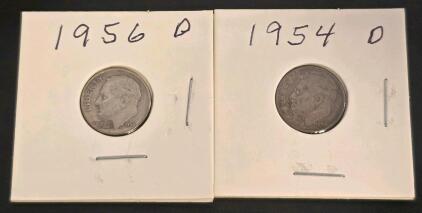 1954-D & 1956-D Roosevelt Silver Dimes, 90% Silver, Denver Mint, Circulated, Pair