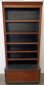 Wooden Bookshelf with Sliding Doors, Adjustable Shelves, Black and Walnut Finish