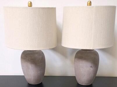 Pair Of Ceramic Table Lamps With Fabric Drum Shades, E26 Sockets, Brass Finials