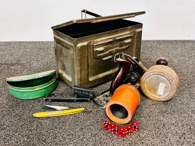 Stanley Bailey No. 5 Hand Plane, Essex Straight Razor, Kodak Tins, .50 Cal Ammo Box, And Dice Set