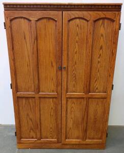 Oak Computer Workstation Armoire, Roll-Out Desk, Whiteboard & Corkboard,