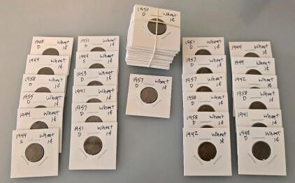 Lincoln Wheat Cents, 1941&ndash;1958 D/S, 50 Coins In 2x2 Flips, Mixed Mints