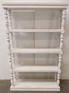 Whitewashed Wood Bookcase, 5 Shelves, Turned Spindle Legs, 74" Tall, Farmhouse Style