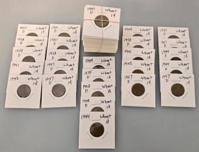 Lincoln Wheat Cent Collection 1941-1958D, 1&cent; Coins, Circulated, Various Mint Marks, Approx. 50 Coins