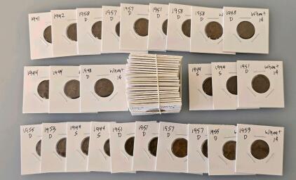 Lincoln Wheat Cent Collection, 1940s&ndash;1950s, 50 Coins, Denver/San Francisco Mints, In 2x2 Flips
