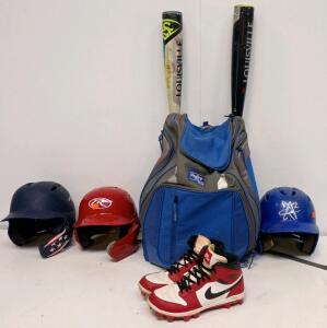 Louisville Slugger Bats (32" & 31"), Nike Air Jordan Cleats Size 8 Men's, Rawlings Bag, 3 Helmets &ndash; Full Set