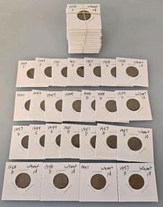Lincoln Wheat Pennies, 50 Coins, 1941&ndash;1958, D & S Mint Marks, Copper