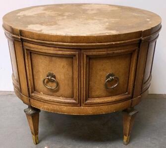 Vintage 1950s-70s Round Wooden Drum Table Cabinet, Brass Accents, Storage