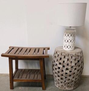 Wooden Accent Bench With Slatted Shelf, Dark Brown Finish, Round Wooden Night Stand & White Ceramic Modern Lamp
