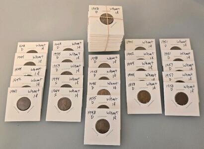 Lot Of 50 Lincoln Wheat Pennies, 1941-1958, D & S Mint Marks, 95% Copper, Circulated