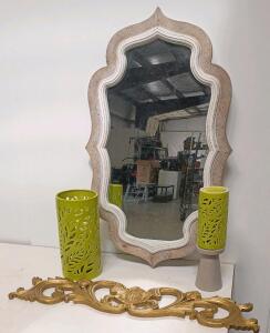 Ornate Wall Mirror, Modern Green Ceramic Candle Lanterns, And Gold Floral Wood Applique (shelf K)