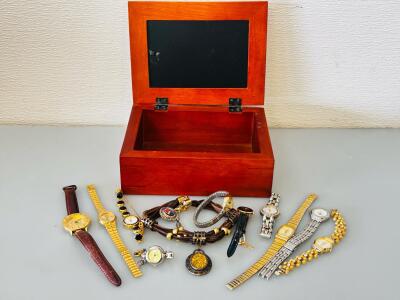 Vintage & Fashion Ladies Quartz Watches With Anne Klein, Guess, Geneva, Jewelry & Wood Box