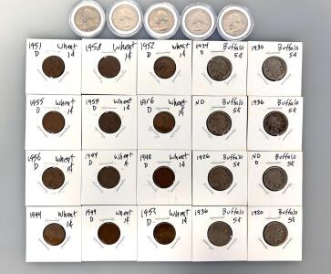 Vintage US Wheat Cents, Buffalo Nickels & Bicentennial Quarters Lot &ndash; 1920&ndash;1976, Multiple Mints