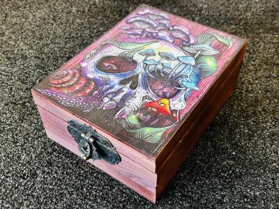 Artistic Wooden Jewelry Box with Costume Necklaces, Brooches, Faux Pearls & Heart Motifs