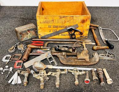 Vintage Hand Tool Collection: Pipe Clamp, Rain Bird Sprinklers, Crate, Pulleys, Machinist Tools