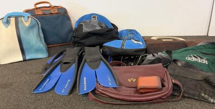 Vintage RAAM 8 lb Brown Bowling Ball With Blue & Leather Bag, Red Marbled Ball, Shoes & Adidas Duffel, And More