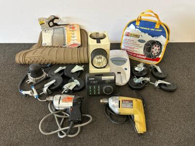 Les Schwab Tire Chains, (2) Piece Kraco Rubber Floor Mats, (2) Black And Decker Drills (Both Tested And Work), Casters And More