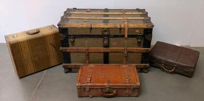 Vintage Hartmann &ldquo;Common Sense&rdquo; Steamer Trunk No. 15849, Wood, Metal, Leather, & (3) Vintage Suit Cases