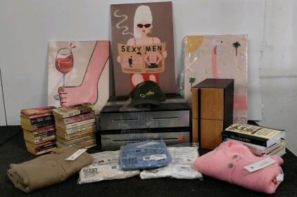 2 Micros Cash Drawers, 40+ Vintage Western Books, 5 New Sweaters, Canvas Art, Cabinet, And More