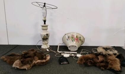 Vintage Ceramic Floral Lamp(powers on), Painted Glass Wall Lamp(powers on), floral lamp, 4 Fox Fur Collars & 1 Raccoon Fur Stole, other miscellaneous furs.