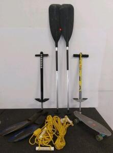 Plastic Penny Skateboards, 22" Deck, 59MM Urethane Wheels, Aluminum Trucks, Gray/Patterned, 2 Pogo Sticks, And Water Sports Equipment