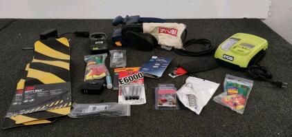 Ryobi BE318-2 Belt Sander, 3" x 18" Belt, 5.3A, 700 ft./min, Includes Dust Bag and Accessories(powers on), floor grip safety strips, miscellaneous tool and hardware lot