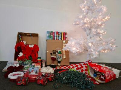Holiday Decor: Pre-lit White Christmas Tree, Mailbox Tins, Bows, Wrapping Paper, Lights, & Grinch Rug