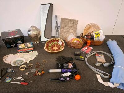 Assorted Household Items With Sutra Curling Iron, Woven Baskets, Tape Measure, Tuner, Cords, And More