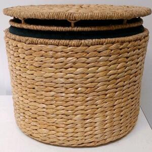 Round Wicker Storage Ottoman with Black Cushion, Removable Lid, Multi-Use Seat/Storage