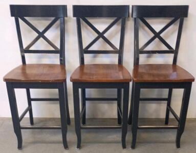 Set Of 3 Counter-Height Cross-Back Dining Chairs, Black Frame With Wooden Seats