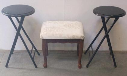 Upholstered Vanity Stool With Queen Anne Legs & 2 Folding Black Metal Stools, 20&rdquo; & 24&rdquo; Tall