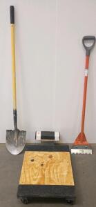 Round-Point Shovel, Anvil 8" Floor Scraper, Automotive Creeper