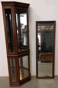 Corner Glass Display Curio Cabinet with Mirrored Back & Wood Frame + Tall Wall Mirror, Dark Finish