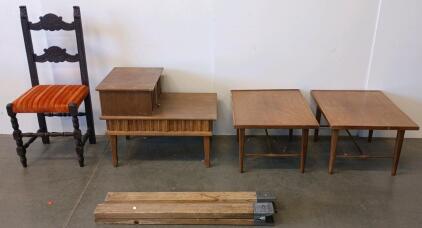 Vintage Carved Chair, Pair Mid-Century Side Tables, Step Table, And Bed Rails