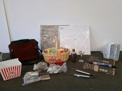 Ice Maker tray, new in box, Popcorn bowl, photography backdrops, luggage, cookie cutters and kitchenware. Gaming mats and more